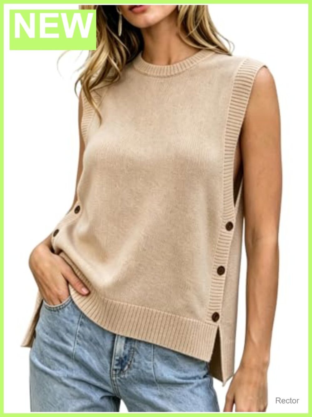 Crew Neck Sleeveless Knit Sweater Vest Side Buttons Loose Fit